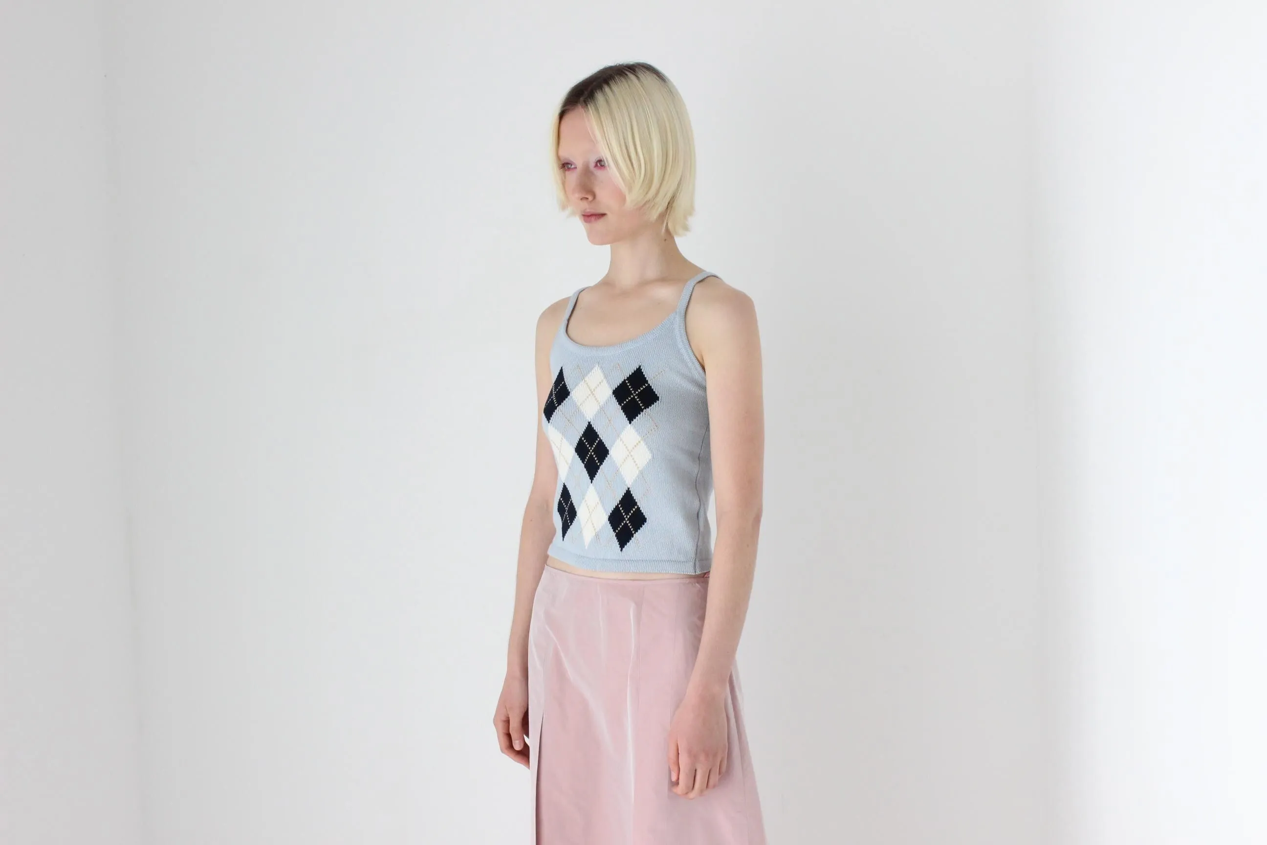 2000s Baby Blue Argyle Knit Tank