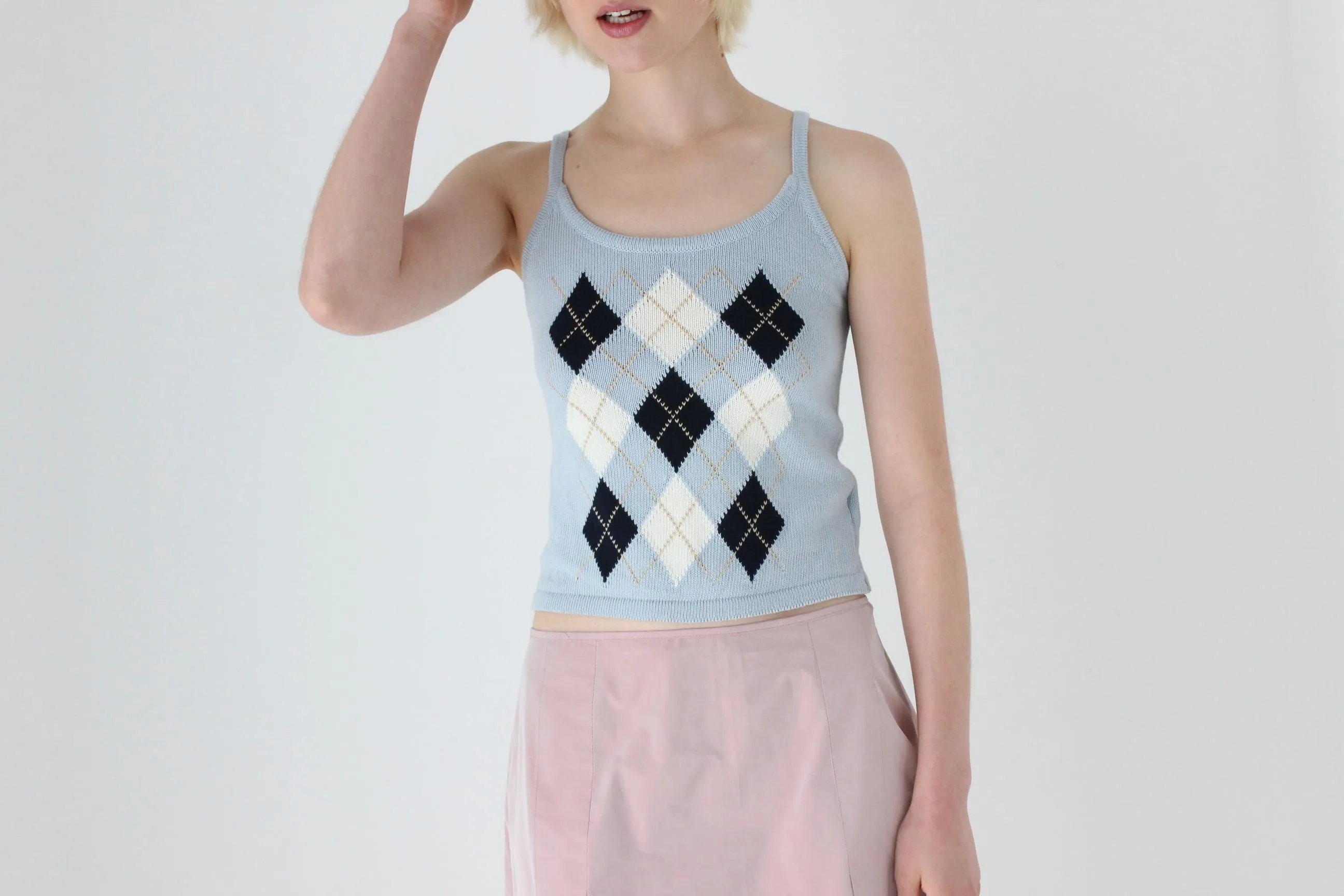 2000s Baby Blue Argyle Knit Tank