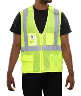 508STLM Safety Vest: Hi-Vis Vest: Clear ID Pocket: 5pt Breakaway: Lime Zip Mesh
