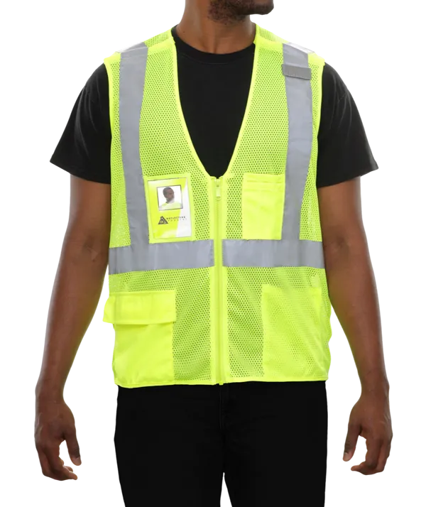 508STLM Safety Vest: Hi-Vis Vest: Clear ID Pocket: 5pt Breakaway: Lime Zip Mesh