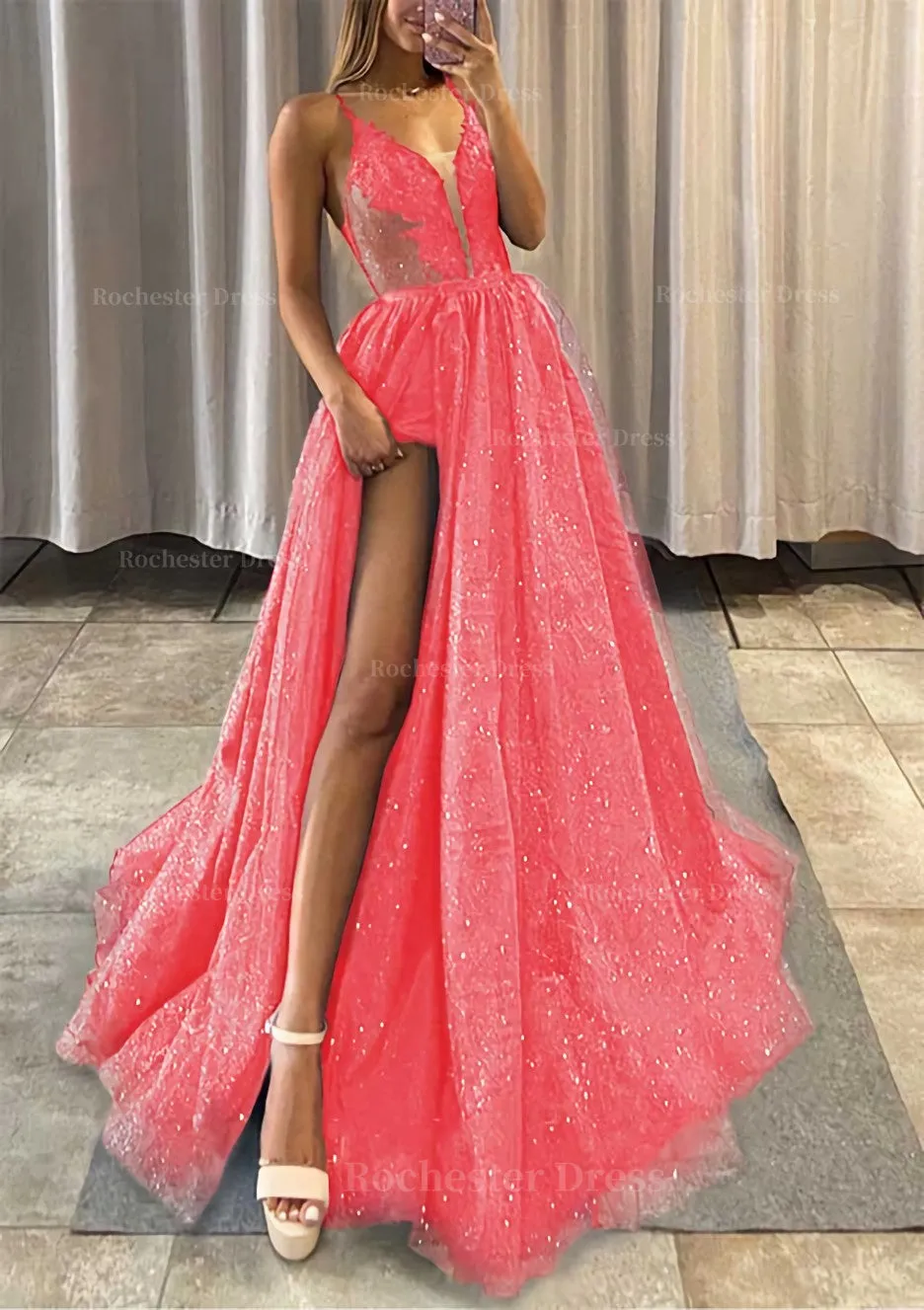 A-line V Neck Spaghetti Straps Long/Floor-Length Tulle Prom Dress With Appliqued Glitter Split Left