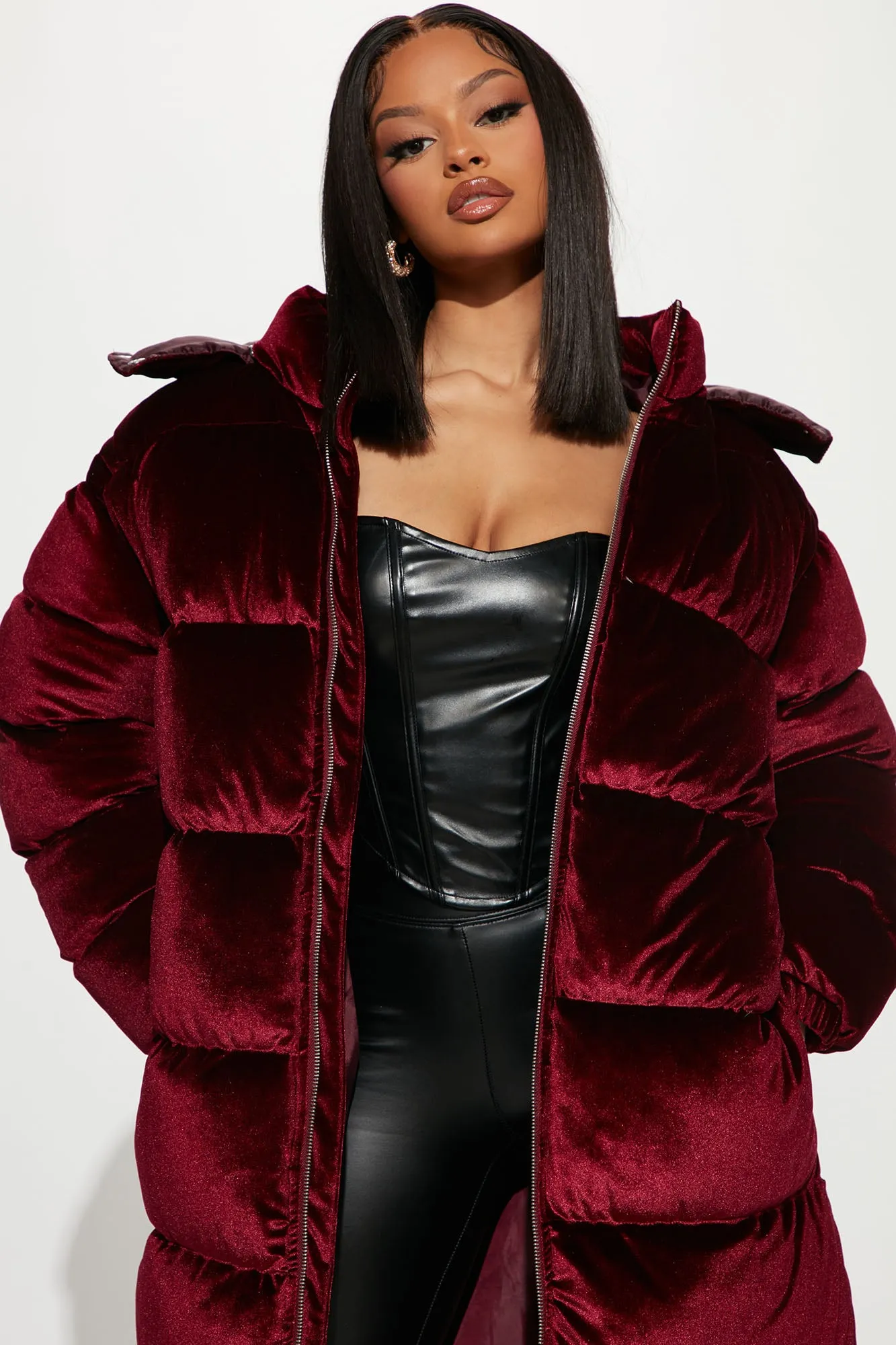 Above Rank Velvet Puffer Coat - Burgundy