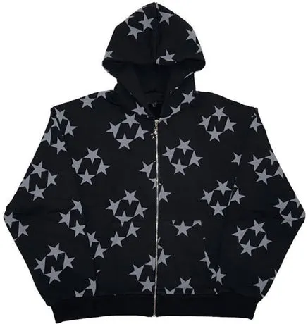 Advbridge 90s streetwear Star Print Hooded Cardigan Zipper Loose Men's and Women's Fashion Brand Sweater Coat FN