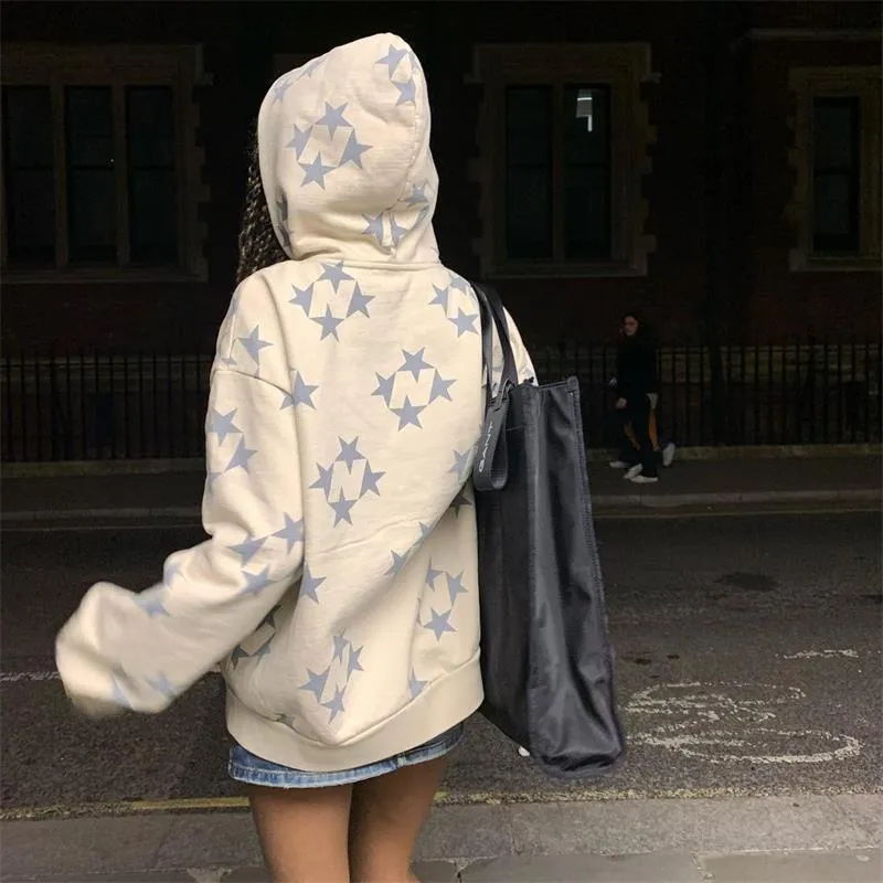 Advbridge 90s streetwear Star Print Hooded Cardigan Zipper Loose Men's and Women's Fashion Brand Sweater Coat FN