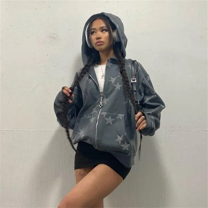 Advbridge 90s streetwear Star Print Hooded Cardigan Zipper Loose Men's and Women's Fashion Brand Sweater Coat FN