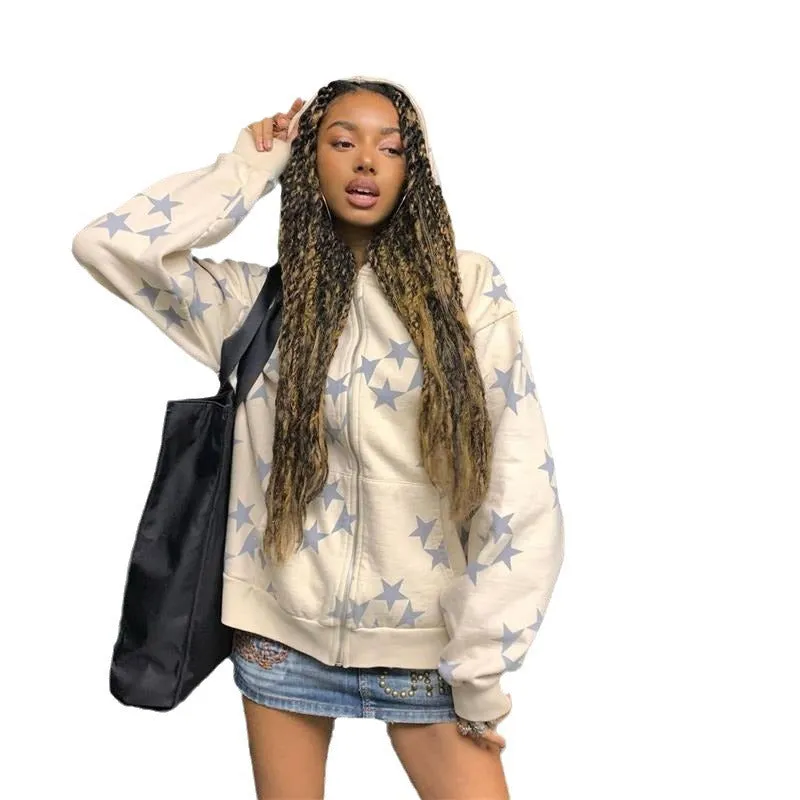 Advbridge 90s streetwear Star Print Hooded Cardigan Zipper Loose Men's and Women's Fashion Brand Sweater Coat FN