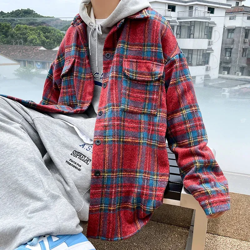 Aidase Thick Plaid Woolen Coat Men Warm Oversized Retro Thickened Woolen Jacket Mens Streetwear Korean Loose Short Woolen Coat Men