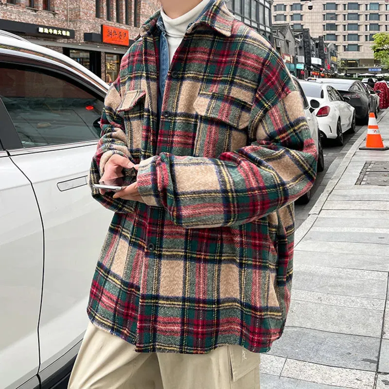 Aidase Thick Plaid Woolen Coat Men Warm Oversized Retro Thickened Woolen Jacket Mens Streetwear Korean Loose Short Woolen Coat Men