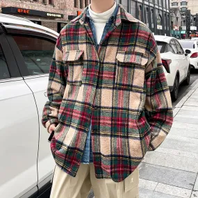 Aidase Thick Plaid Woolen Coat Men Warm Oversized Retro Thickened Woolen Jacket Mens Streetwear Korean Loose Short Woolen Coat Men