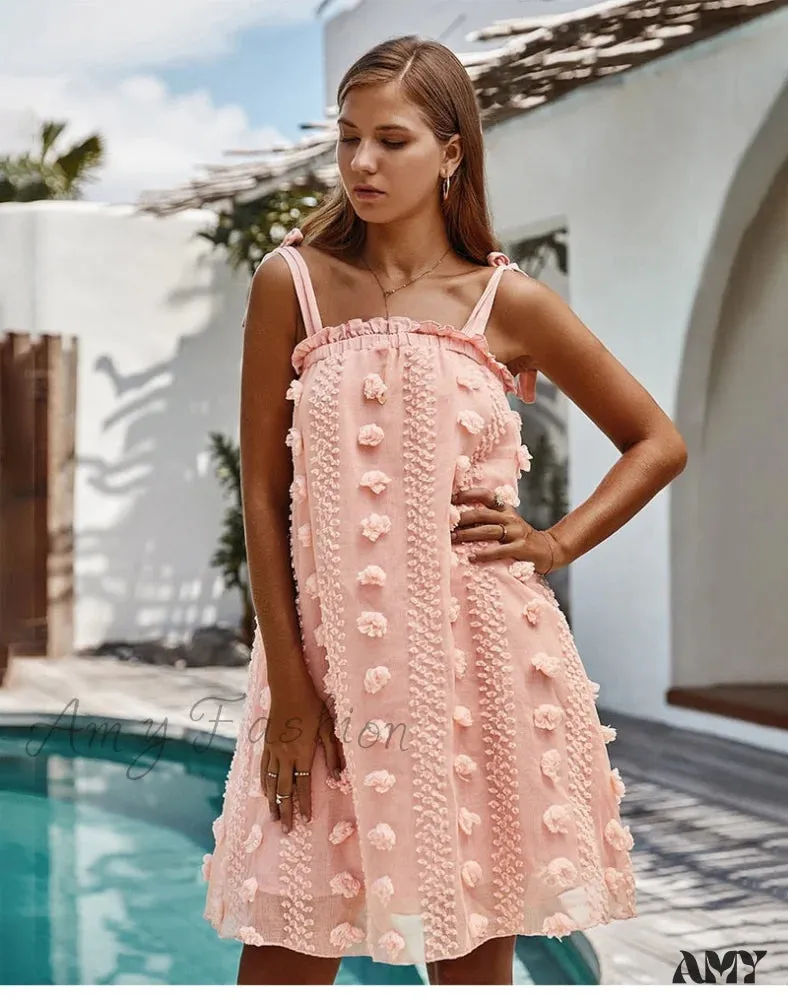 Amy Fashion - Solid Wrapped Chest Floral  Loose Sleeveless Beach Dress