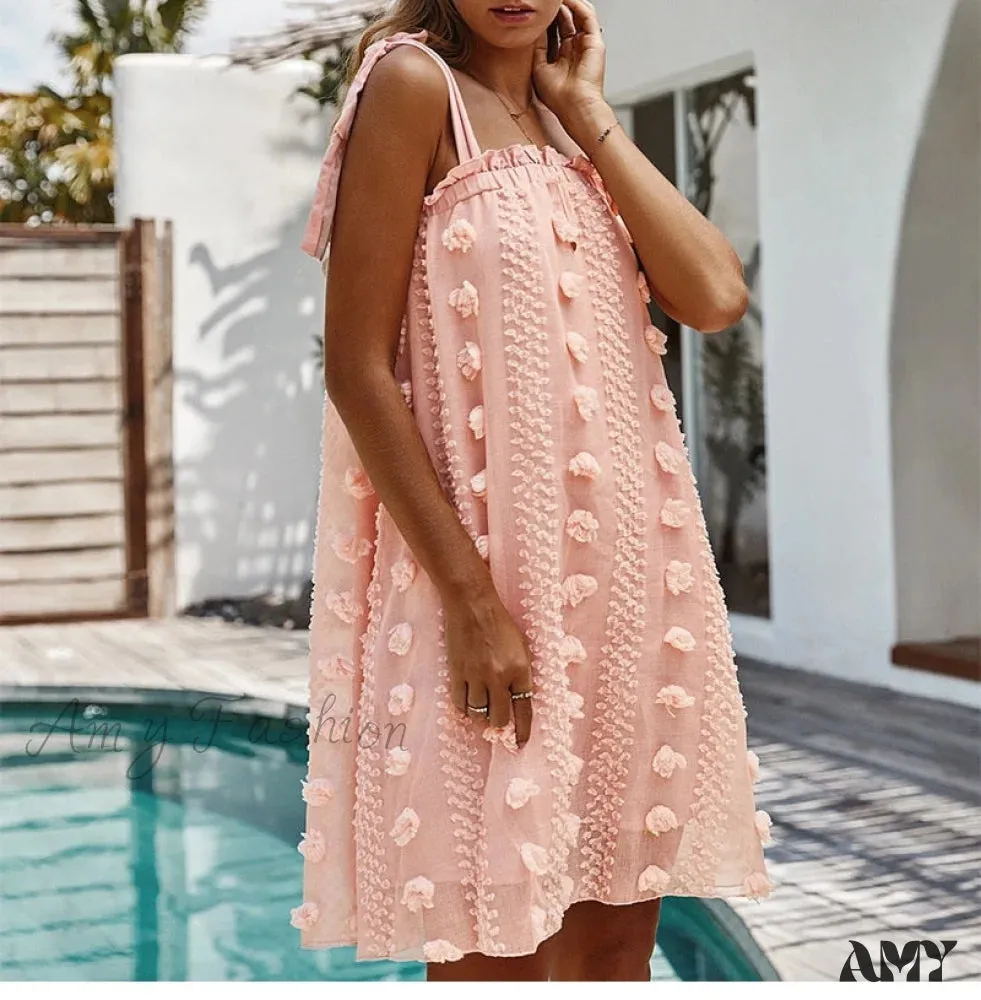 Amy Fashion - Solid Wrapped Chest Floral  Loose Sleeveless Beach Dress