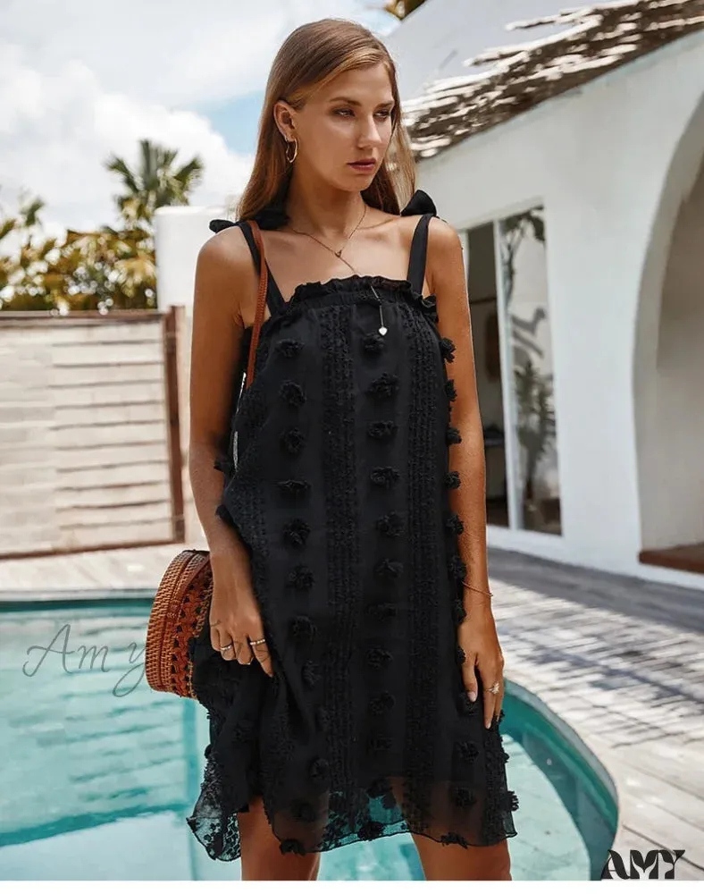Amy Fashion - Solid Wrapped Chest Floral  Loose Sleeveless Beach Dress