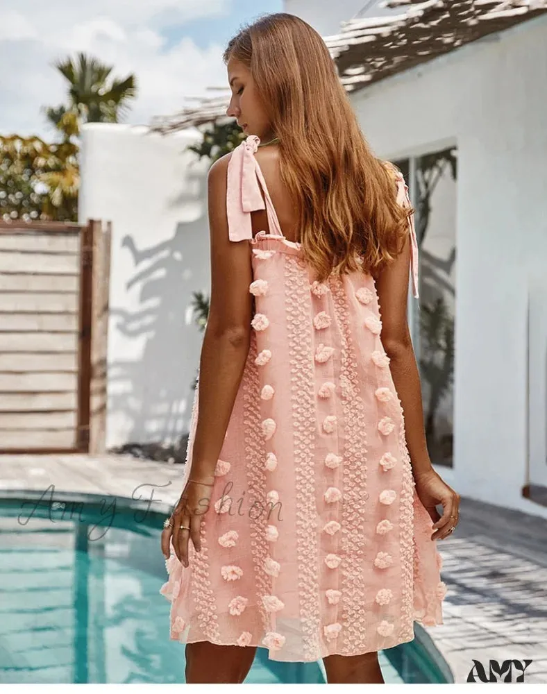 Amy Fashion - Solid Wrapped Chest Floral  Loose Sleeveless Beach Dress