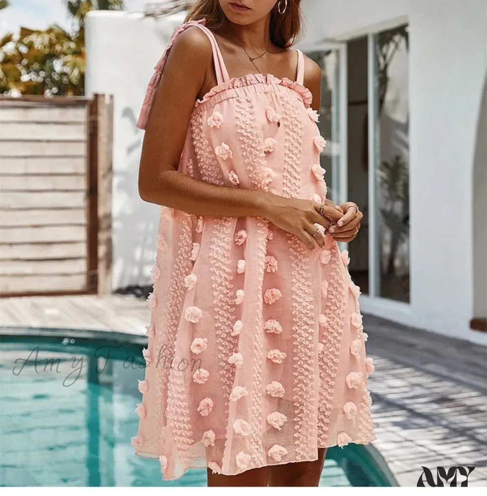 Amy Fashion - Solid Wrapped Chest Floral  Loose Sleeveless Beach Dress