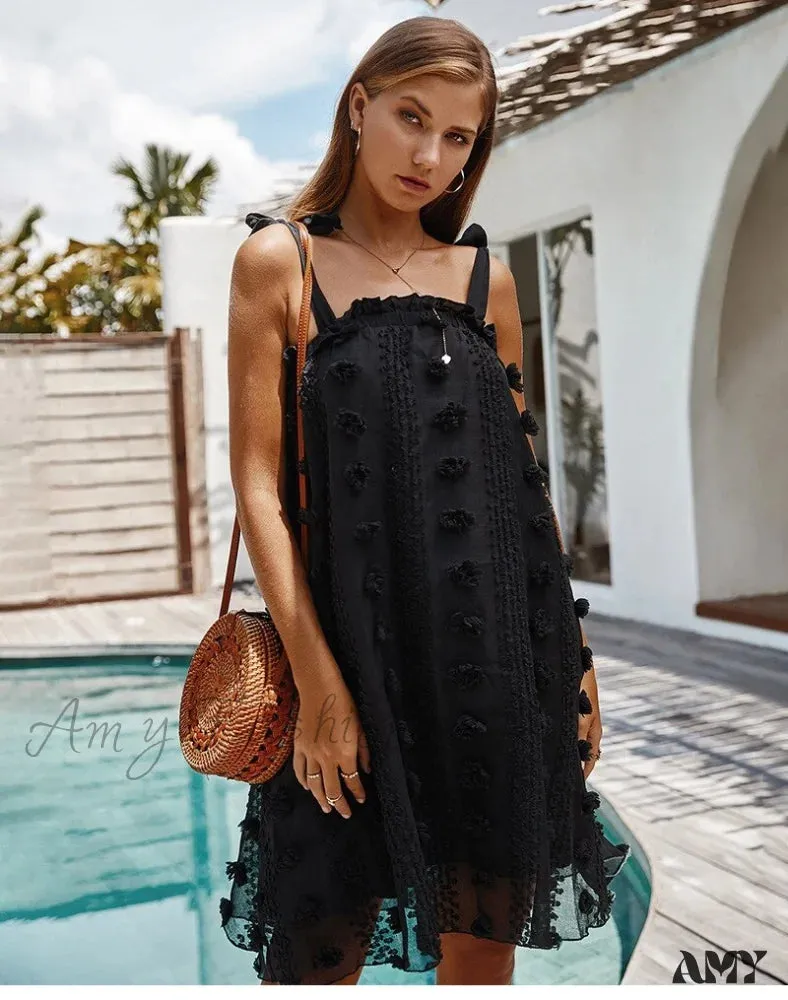 Amy Fashion - Solid Wrapped Chest Floral  Loose Sleeveless Beach Dress