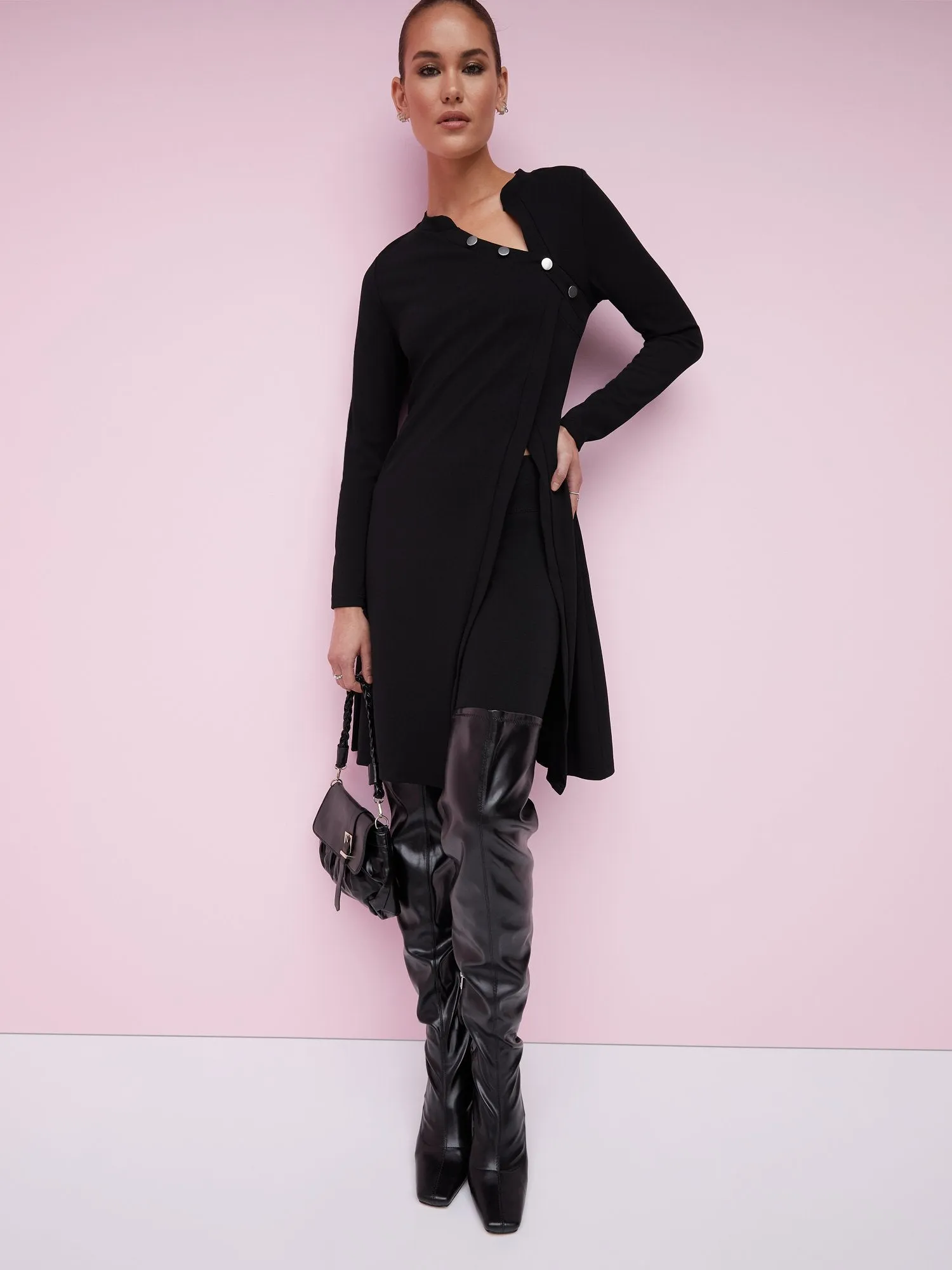 Asymmetric Button-Detail Slit-Side Top