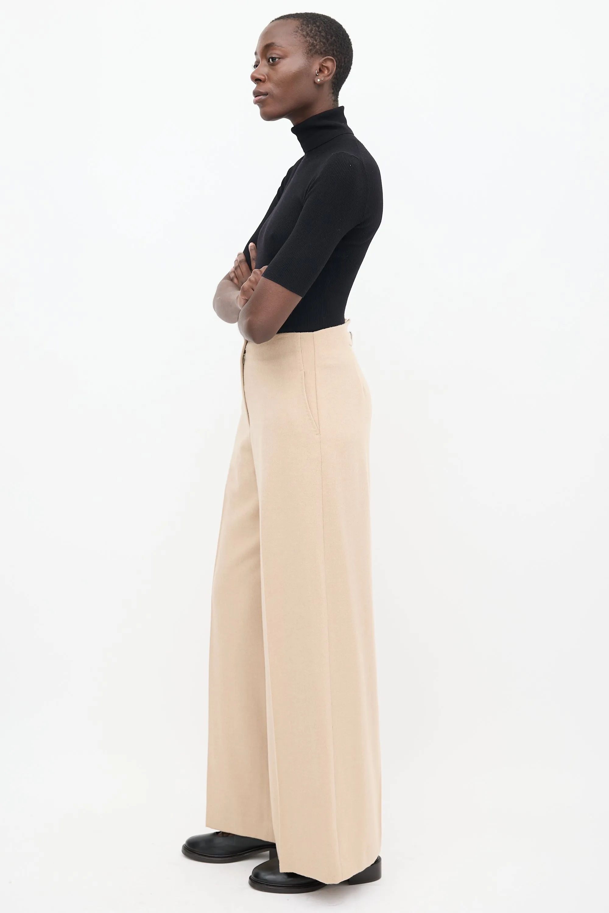 Beige High Waist Wide Leg Trousers