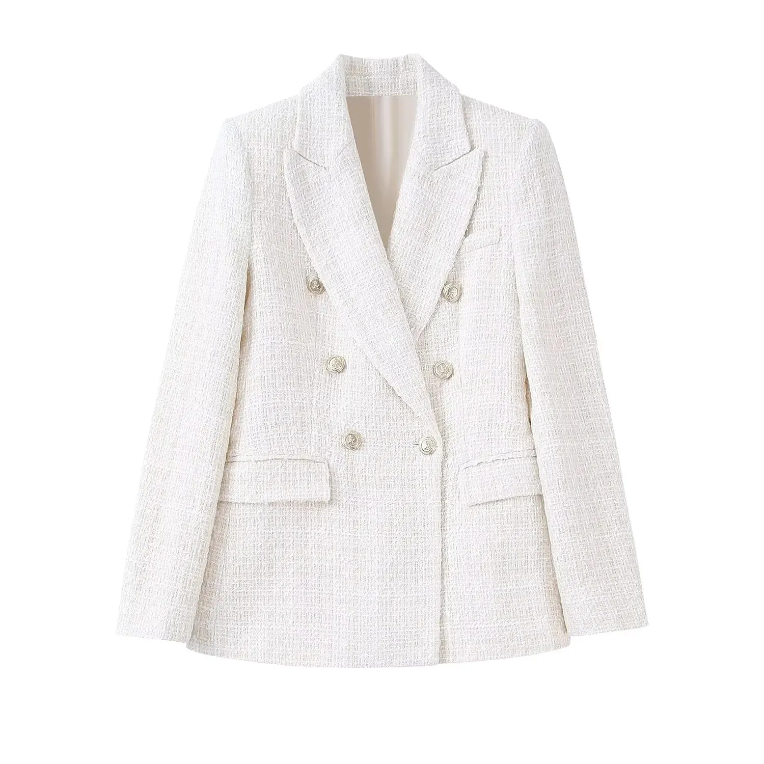 Beige Tweed Women Blazer Jacket 2024 New Office Lady Solid Color Double Breasted Button Up Coat Casual Girls Streetwear