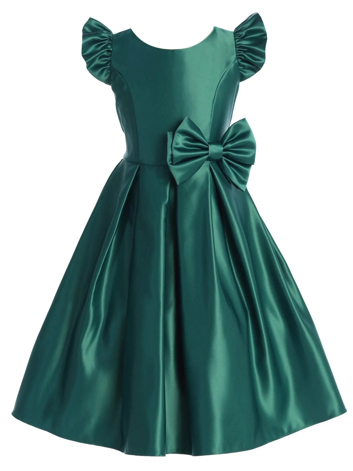 Big Girls Hunter Green Flutter Sleeve Bow Junior Bridesmaid Dress 7-16