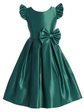 Big Girls Hunter Green Flutter Sleeve Bow Junior Bridesmaid Dress 7-16