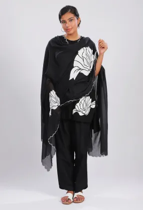 Black Bold Abstract Three Floral Dupatta