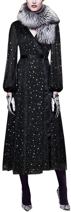 Black Wrap Star-Embroidered Midi Dress