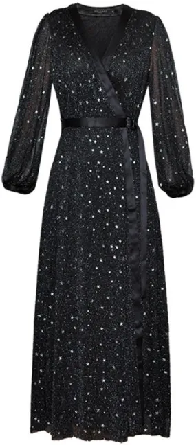 Black Wrap Star-Embroidered Midi Dress
