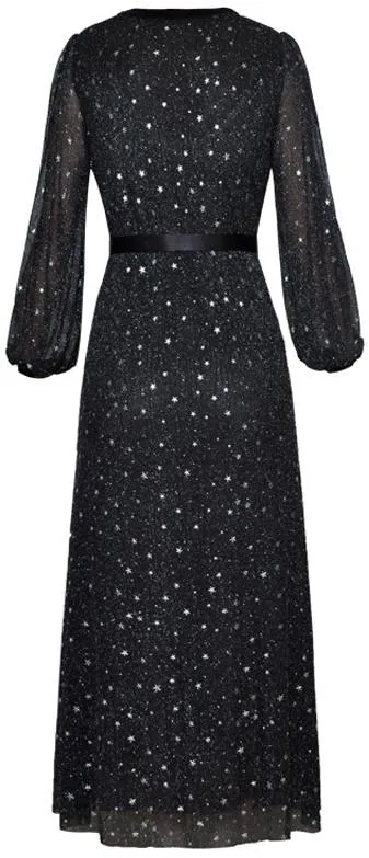 Black Wrap Star-Embroidered Midi Dress