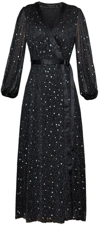 Black Wrap Star-Embroidered Midi Dress