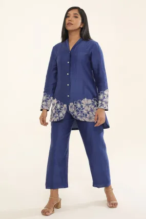 Blue Iris Illusion Embroidered Tunic & Pant Set