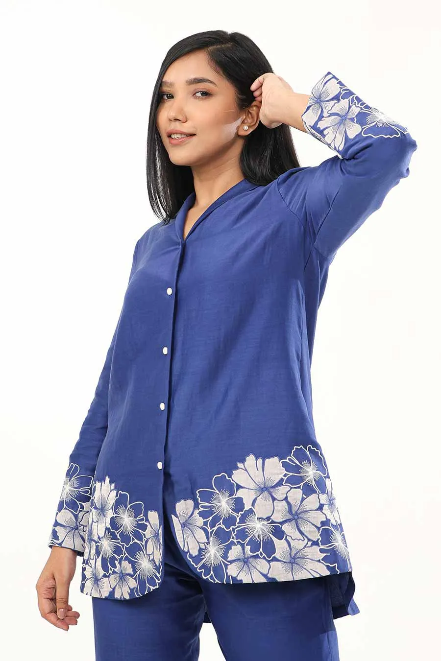 Blue Iris Illusion Embroidered Tunic & Pant Set