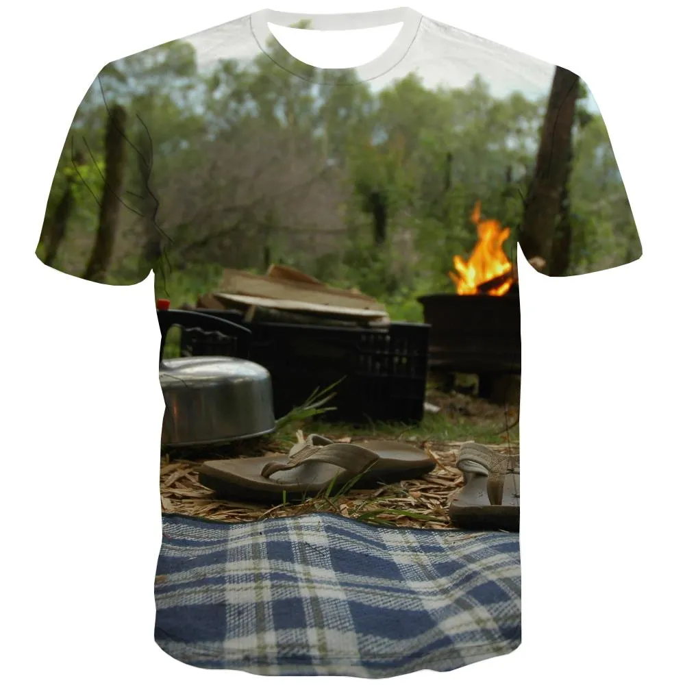 Camping T shirts Men Sunset Tshirts Casual Forest Shirt Print Flame T shirts Funny
