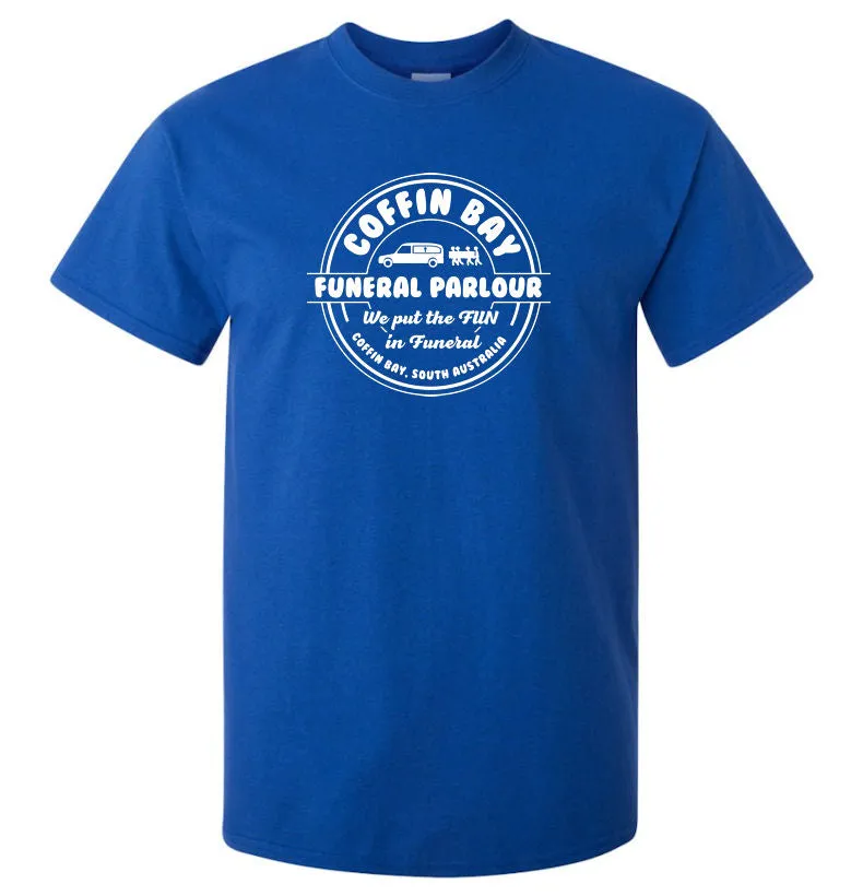 Coffin Bay Funeral Parlour Fake Business Logo T-Shirt (Colour Choices)
