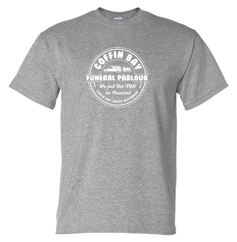 Coffin Bay Funeral Parlour Fake Business Logo T-Shirt (Colour Choices)