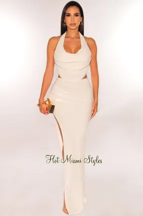 Cream Halter Cowl Neck Pleated Two Piece Skirt Set