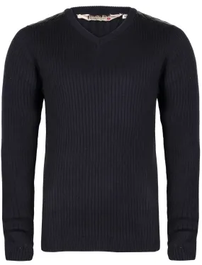 Dissident Julian navy leather shoulder v neck jumper