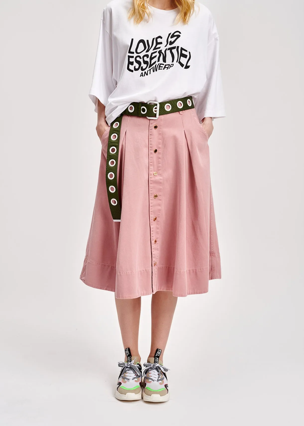 Dusty pink cotton pleated midi skirt