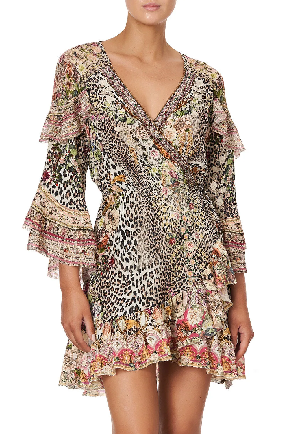 Embellished Silk Wrap Mini Dress with Ruffles Anarchy at Annabels