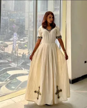 Fashionable Look In Beige Habesha Dress: with Black Cultural Cross Stitched Designs Traditional Ethiopian Dress Simple Habesha Kemis