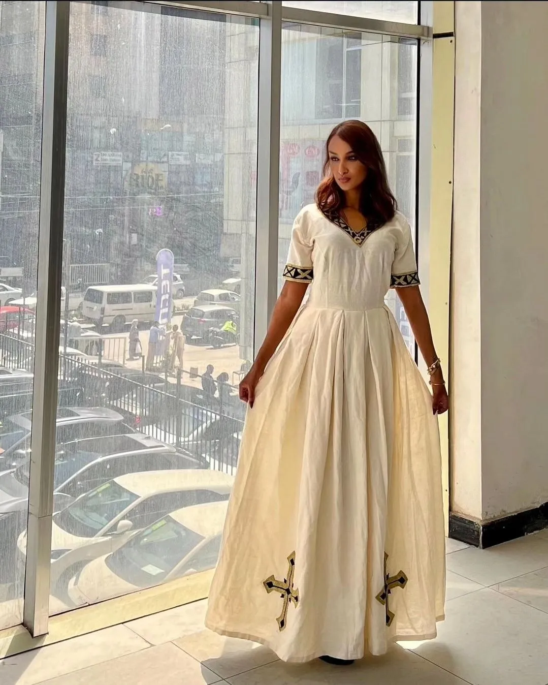 Fashionable Look In Beige Habesha Dress: with Black Cultural Cross Stitched Designs Traditional Ethiopian Dress Simple Habesha Kemis