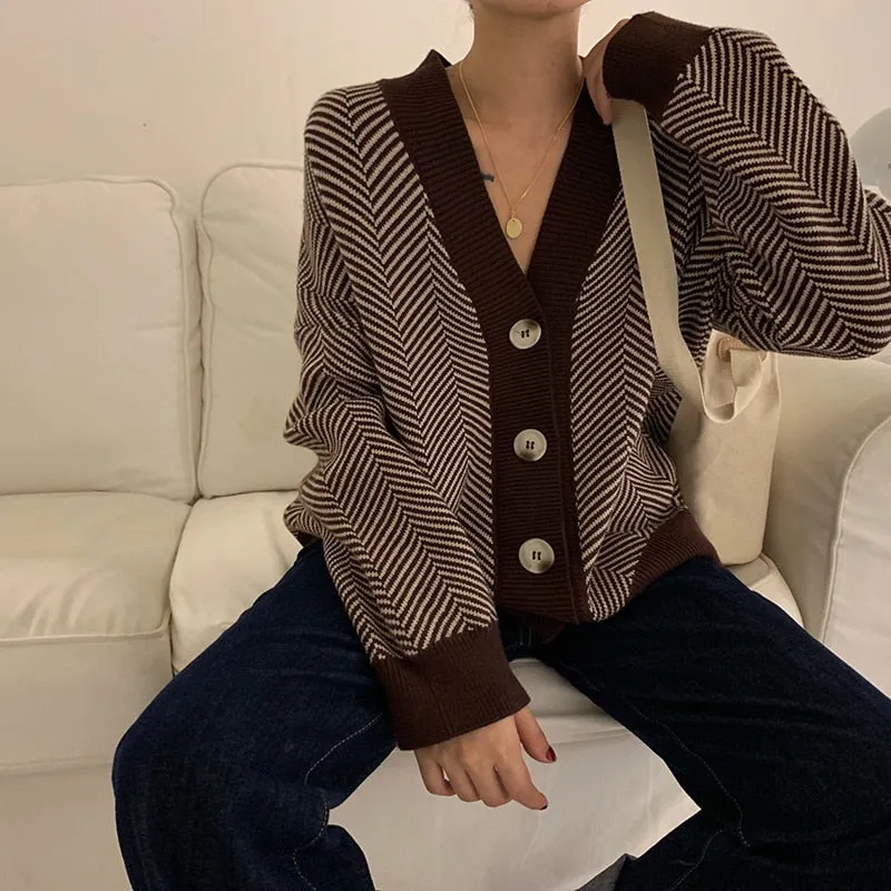 Fashionkova 2022 Fall Striped Knitted Cardigans Sweater Women Vintage Korean Chic Long Sleeve Coat Fashion Streetwear Loose Female Tops