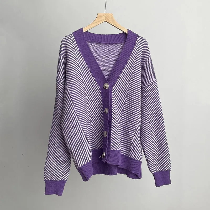 Fashionkova 2022 Fall Striped Knitted Cardigans Sweater Women Vintage Korean Chic Long Sleeve Coat Fashion Streetwear Loose Female Tops
