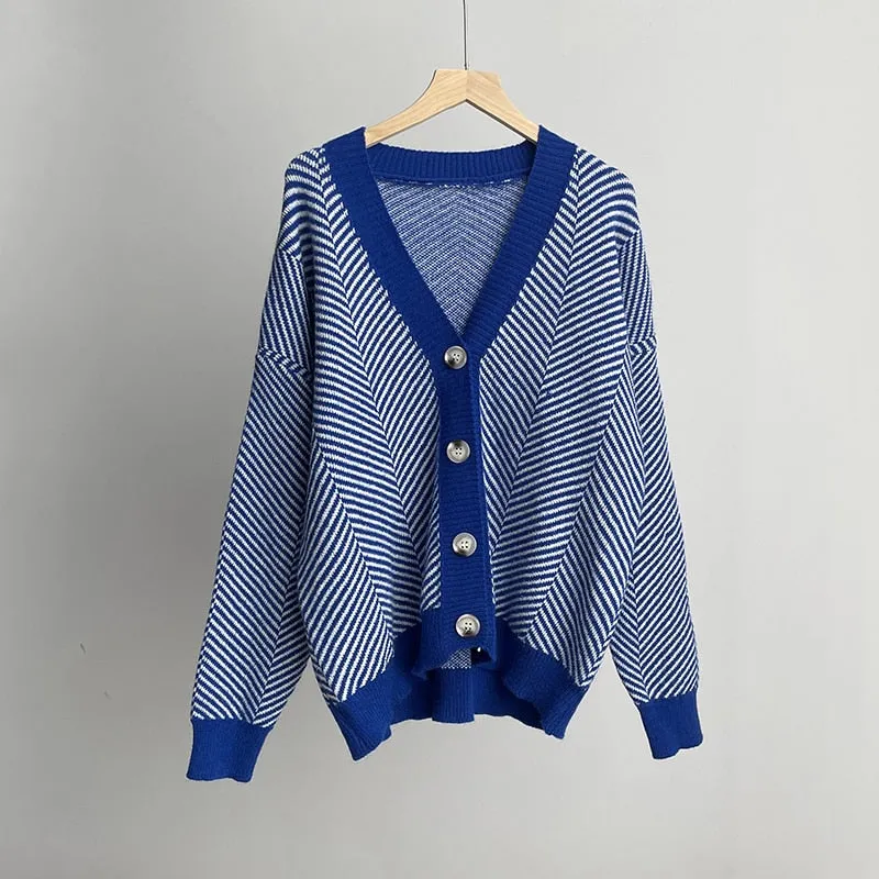 Fashionkova 2022 Fall Striped Knitted Cardigans Sweater Women Vintage Korean Chic Long Sleeve Coat Fashion Streetwear Loose Female Tops