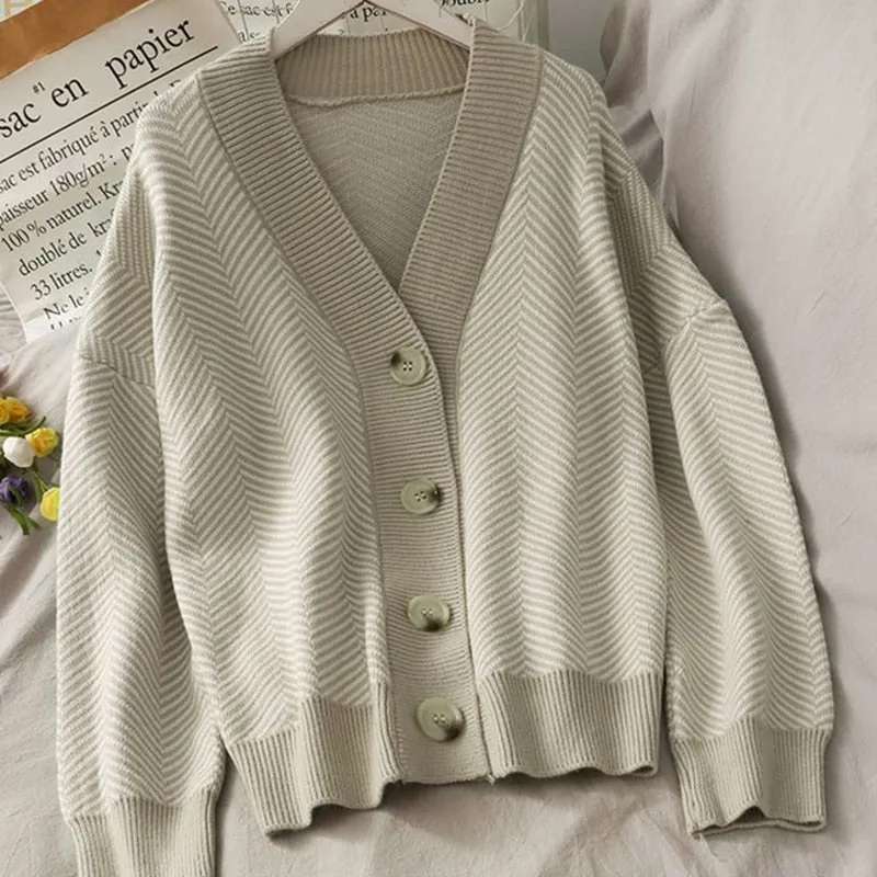 Fashionkova 2022 Fall Striped Knitted Cardigans Sweater Women Vintage Korean Chic Long Sleeve Coat Fashion Streetwear Loose Female Tops