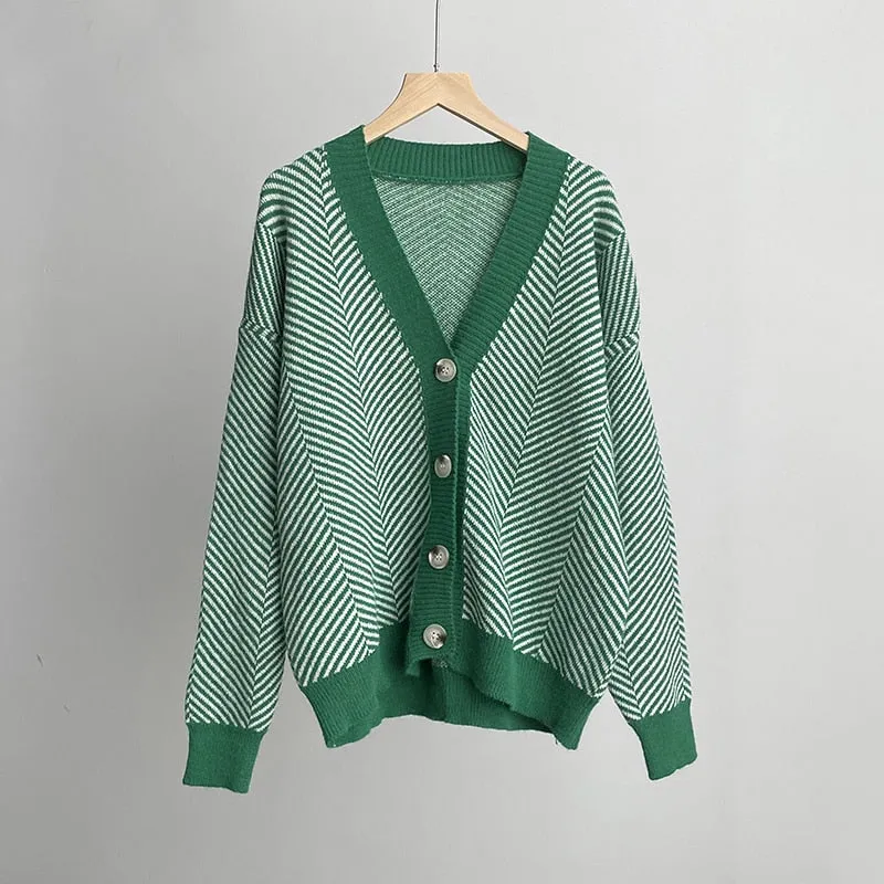Fashionkova 2022 Fall Striped Knitted Cardigans Sweater Women Vintage Korean Chic Long Sleeve Coat Fashion Streetwear Loose Female Tops