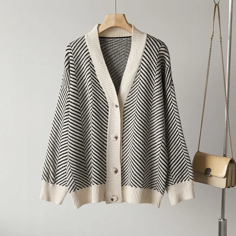 Fashionkova 2022 Fall Striped Knitted Cardigans Sweater Women Vintage Korean Chic Long Sleeve Coat Fashion Streetwear Loose Female Tops