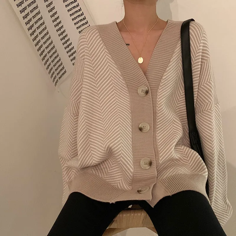 Fashionkova 2022 Fall Striped Knitted Cardigans Sweater Women Vintage Korean Chic Long Sleeve Coat Fashion Streetwear Loose Female Tops