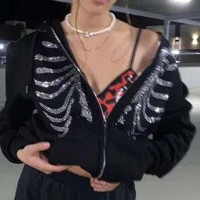 Fashionkova  Women Rhinestone Skeleton Hoodies Autumn Gothic Black Zip Up Oversized Sweatshirts Female Harajuku Skulls Jacket Coat Streetwear