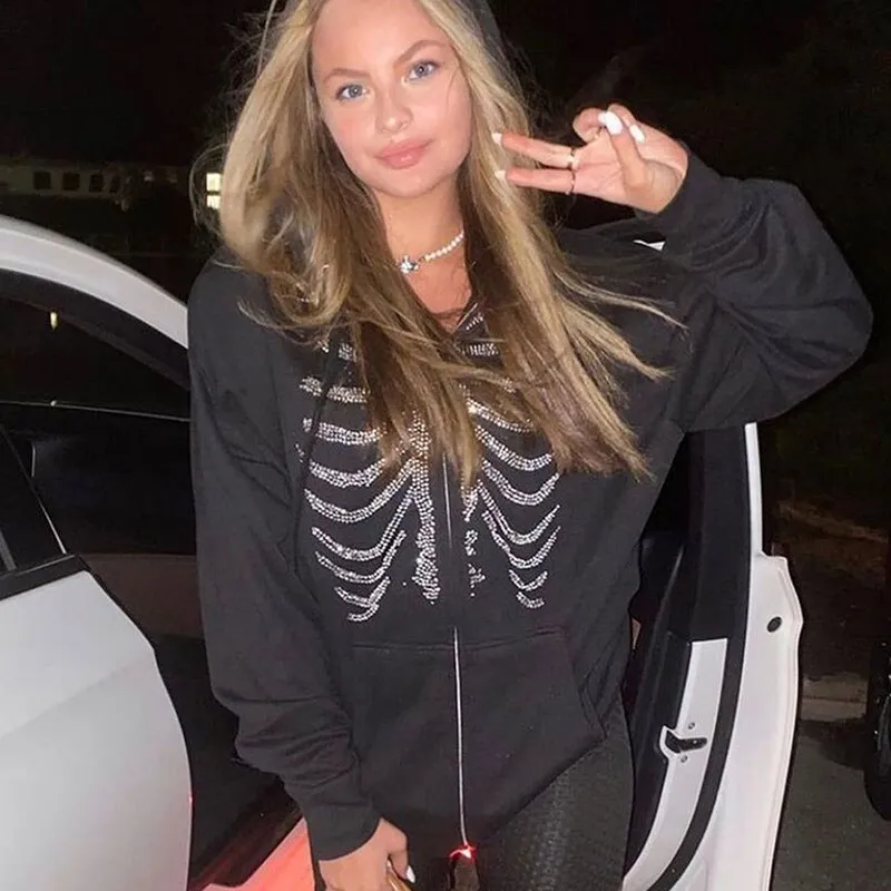 Fashionkova  Women Rhinestone Skeleton Hoodies Autumn Gothic Black Zip Up Oversized Sweatshirts Female Harajuku Skulls Jacket Coat Streetwear