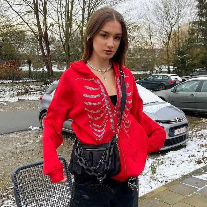 Fashionkova  Women Rhinestone Skeleton Hoodies Autumn Gothic Black Zip Up Oversized Sweatshirts Female Harajuku Skulls Jacket Coat Streetwear